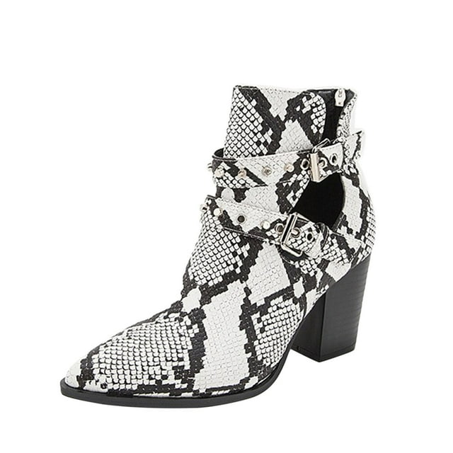 Women Boots Pointed Shoes Winter Snake Pattern Fashion Square High Heel Shoes Belt Buckle