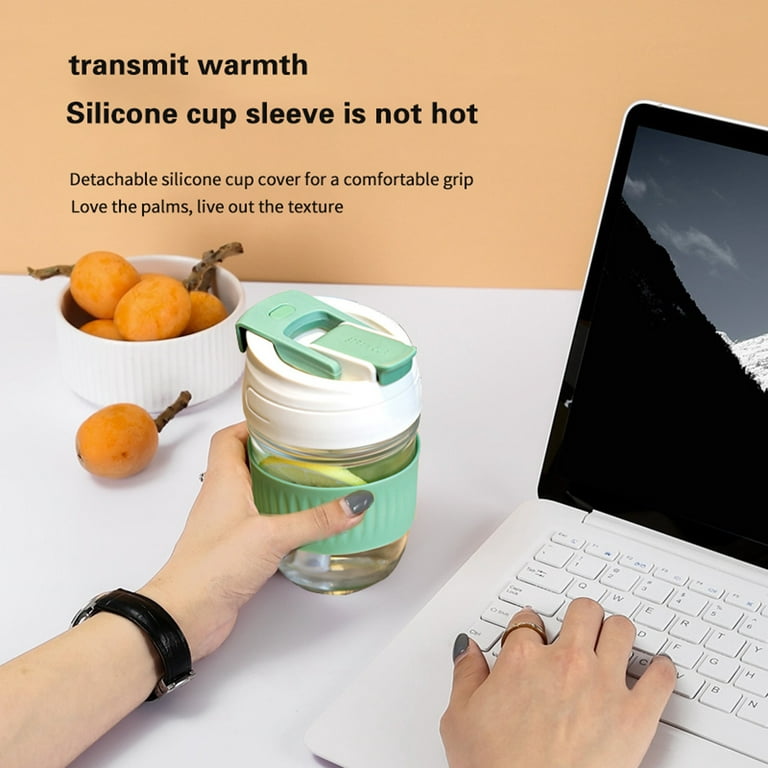 Glass Coffee Mug with Lid and Straw, Smoothie Wide Mouth Coffee Mug, Leak  Proof Lid and Heat resistant Band, Portable To Go Cup for Travel,  12oz/350ml 