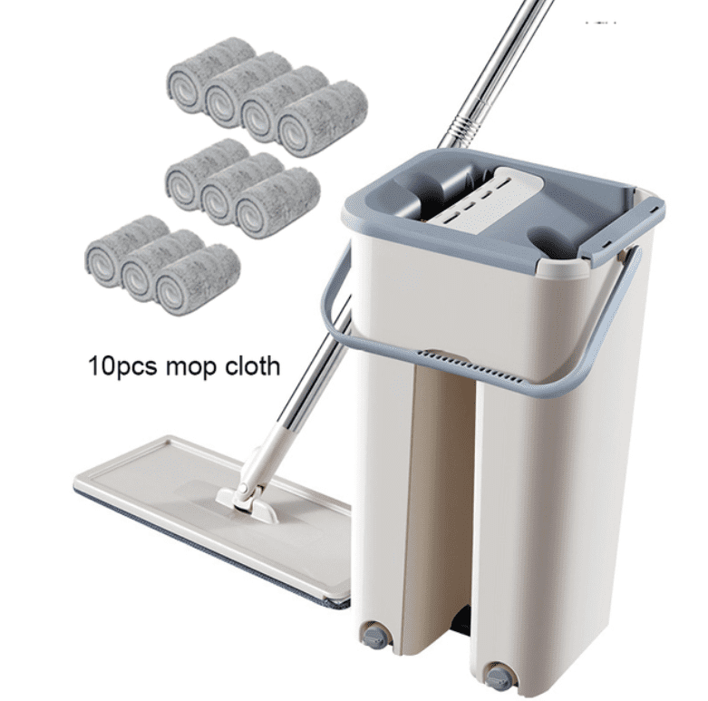 One Flat Floor Mop Bucket Set Self Cleaning Wet Dry Usage with 2 Microfiber Pads