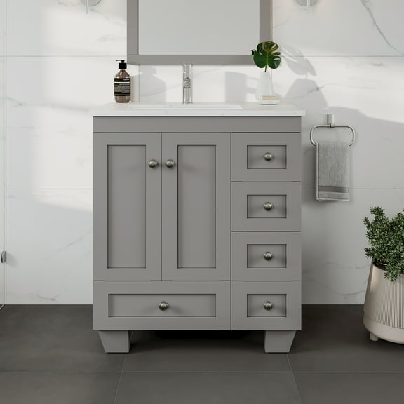 Eviva Happy 28"W x 18"D Gray Bathroom Vanity with Carrara Quartz Countertop and Undermount Porcelain Sink