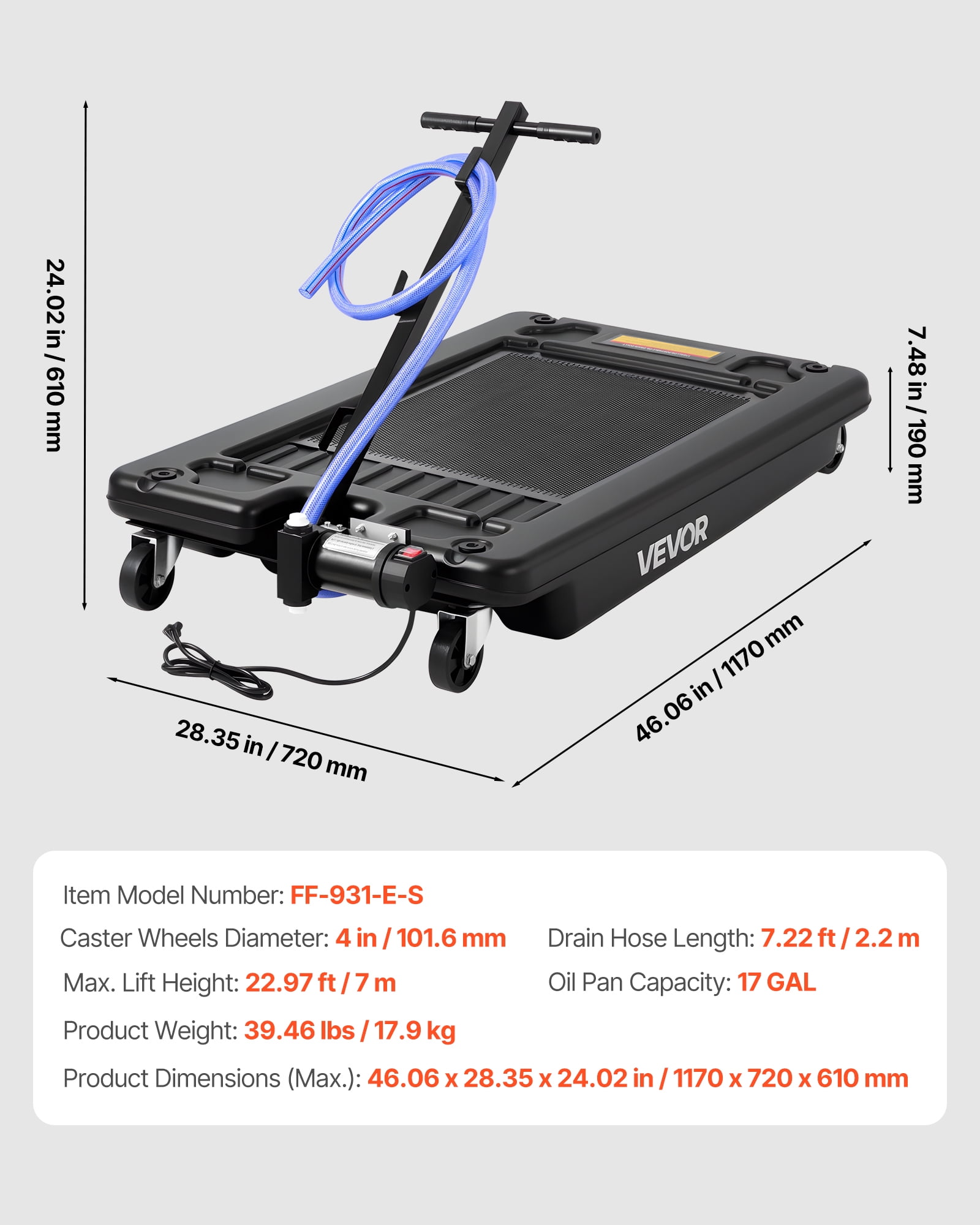 VEVOR Low Profile Oil Drain Pan, 17 Gallon Capacity, Rolling Oil Drain Pan with Electric Pump, 7.2 ft Hose & T Folding Handle, Leak-proof & Corrosion-resistant, Fit for Cars, SUVs, Trucks, ATVs,Black