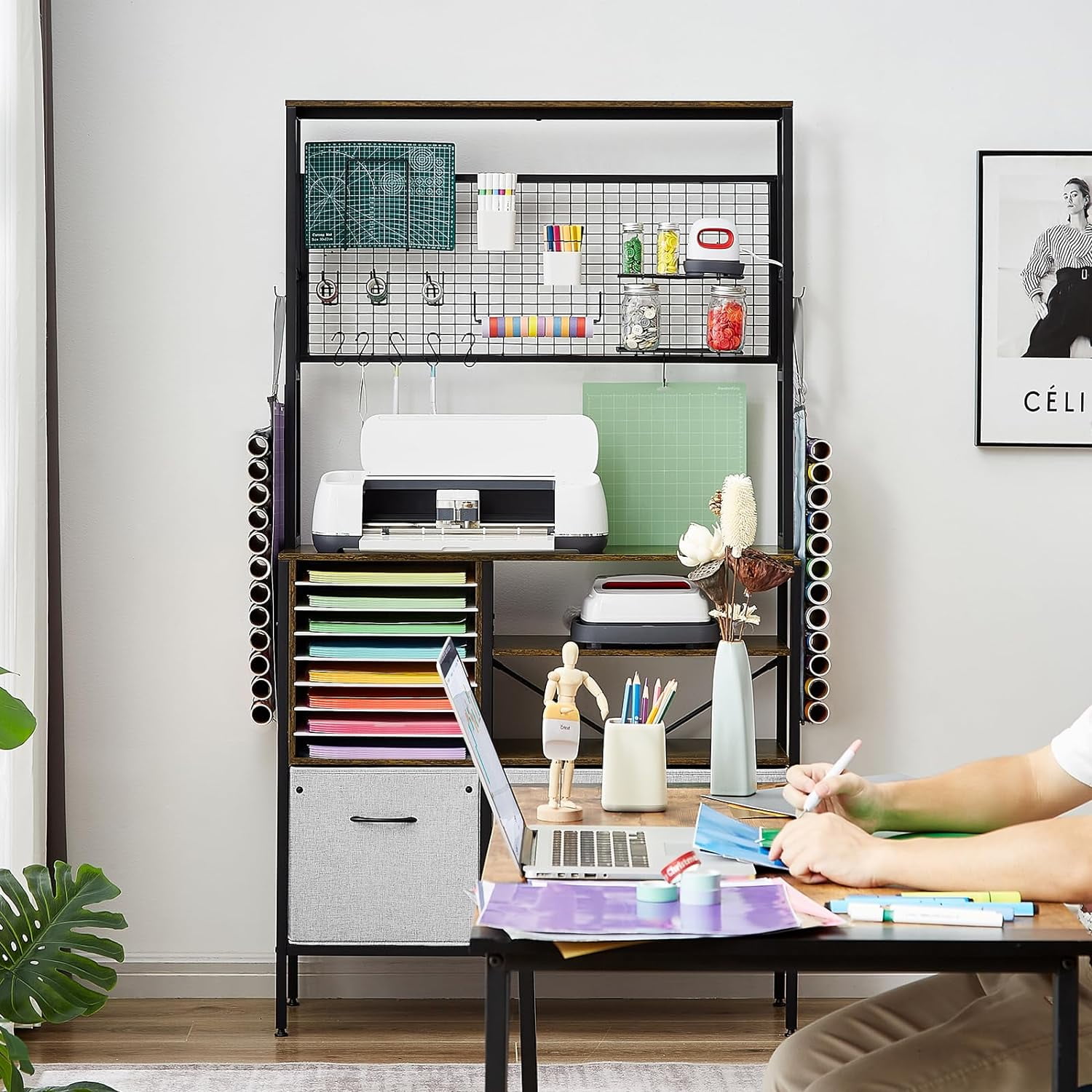 Craft Storage Cabinet Compatible with Cricut Maker 4 & Explore 5, Craft Organizer Desk with Storage for Adults, Vinyl Organization Solutions Table, Art Room Furniture, Accessories Station