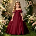 thumbnail image 2 of Rvusndi Flower Girl Dress Long Off Shoulder Dress Party Dress Solid Color Big Bow Summer Dresses Elegant Formal Evening Gown for Big Kids Wedding Graduation Dresses, 2 of 5
