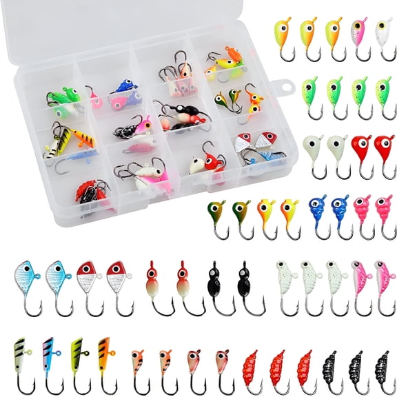 BESTSKY Ice Fishing Jigs Lures kit, 48pcs Luminous Ice Fishing Gear Crappie Panfish Jigs Fishing Hooks Set for Winter Ice Jigging Walleye Perch Bluegill