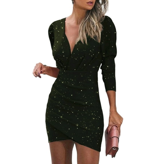 LilyLLL Womens Sexy V Neck Glitter Bodycon Party Evening Cocktail Mini Dress