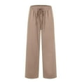 thumbnail image 4 of MIXUE Linen Pants Women Solid Color Wide Leg Drawstring Baggy Sweatpants High Waisted With Pockets Loose Yoga Trousers Womens Pants Daily-Wear,Brown,S, 4 of 6