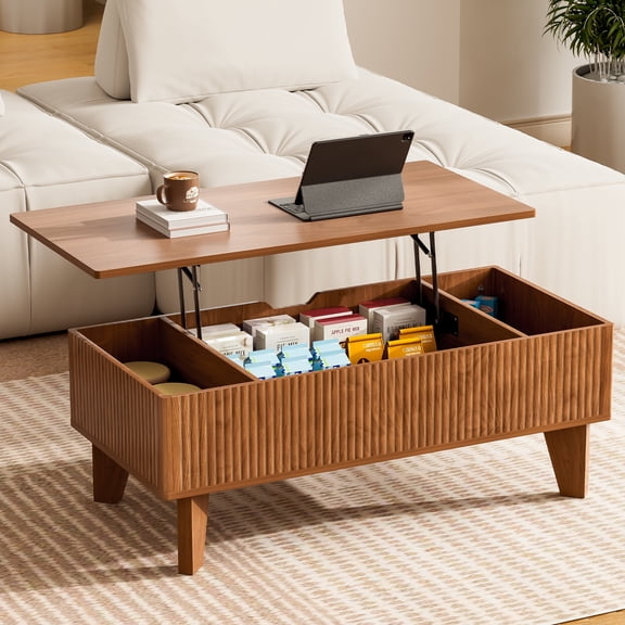 Rectangular Lift Top Coffee Table with Storage, 41.5" Mid Century Modern Living Room Center Table, Wood Fluted Coffee Table for Home Office, Walnut