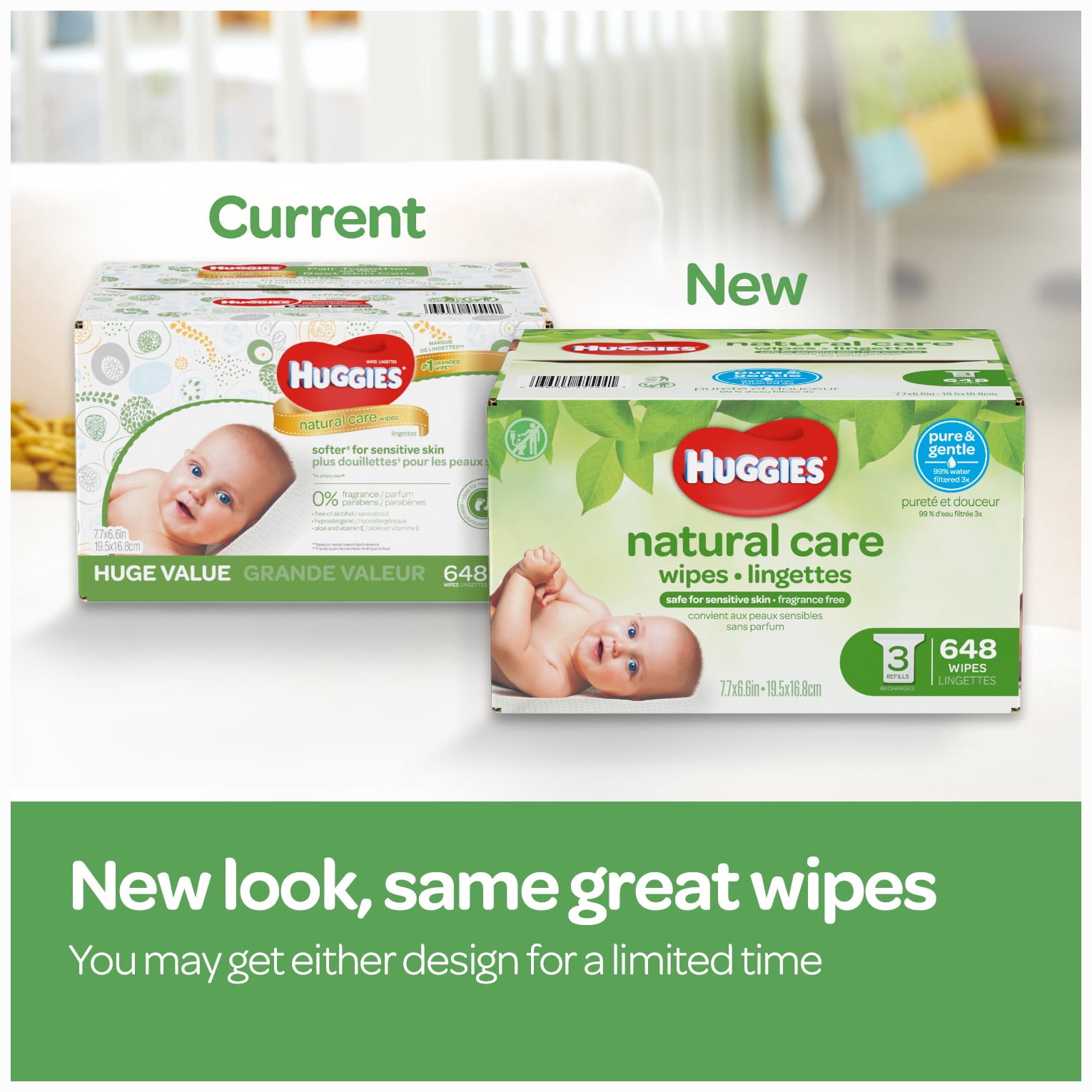Huggies Natural Care Sensitive Baby Wipes, Unscented, 3 Refill Packs (528 Wipes Total)