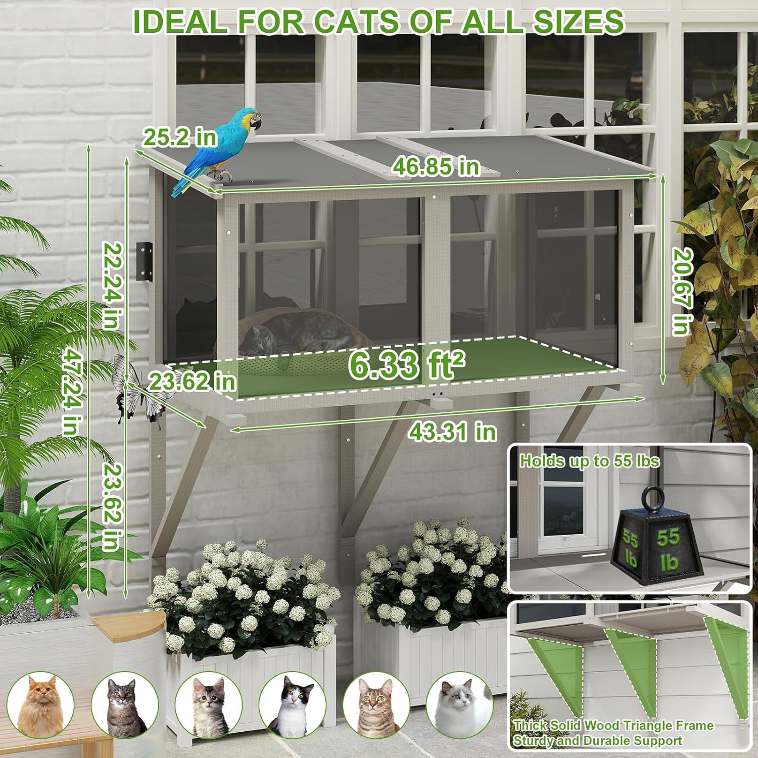 PETSCOSSET Outdoor Window Catio Enclosure with Mesh, Wooden Small Pet Perch House Hammock, All-Weather Design