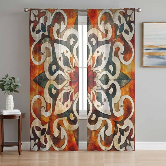 Burnt Orange Green Semi Sheer Curtains 63 Inch Length 2 Panels Set, Vintage Abstract Flowers Sheer Kitchen Curtain Privacy Voile Window Curtain for Living Room Bedroom Rod Pocket Drapes