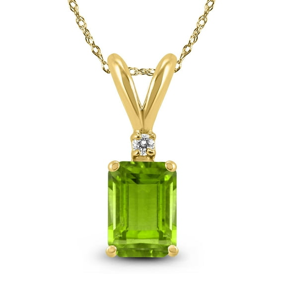 SZUL Women's 14K Yellow Gold 6x4MM Emerald Shaped Peridot and Diamond Pendant