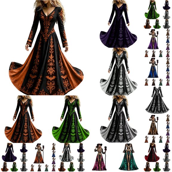 Halloween Long Sleeve Dress Women V Neck Flowy A Line Lightweight Fabric Party Costume Fall Outfit for Cosplay Event