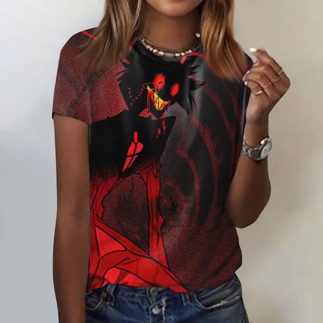 Hazbin Hotel Moda Casual Mujer Impreso Cuello Redondo Manga Corta Camiseta Top Vermilion/XL