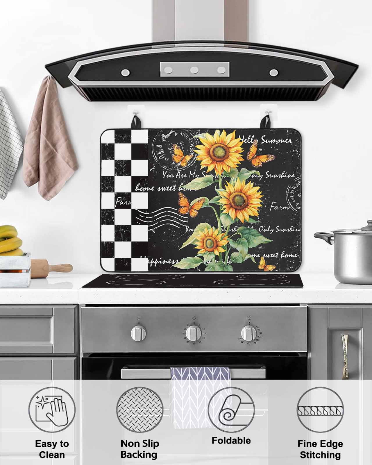 nqOlkjepod Large Induction Cooktop Protector Mat 24"x21", Sunflower Stove Top Covers for Electric Stove, Summer Botanical Bee Black Plaid Decorative Stove Burner Cover Mats, Glass Top Stove Cover