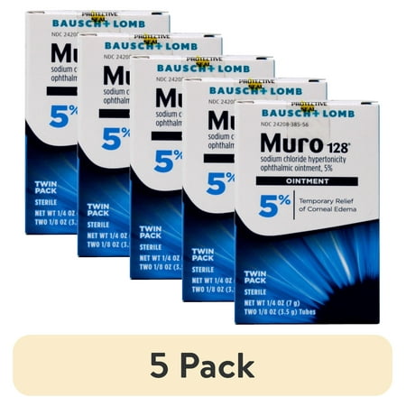 (5 pack) Muro 128 5% Sodium Chloride Hypertonicity Ophthalmic Ointment, from Bausch + Lomb, 2 x 0.125 Oz (7 g total)