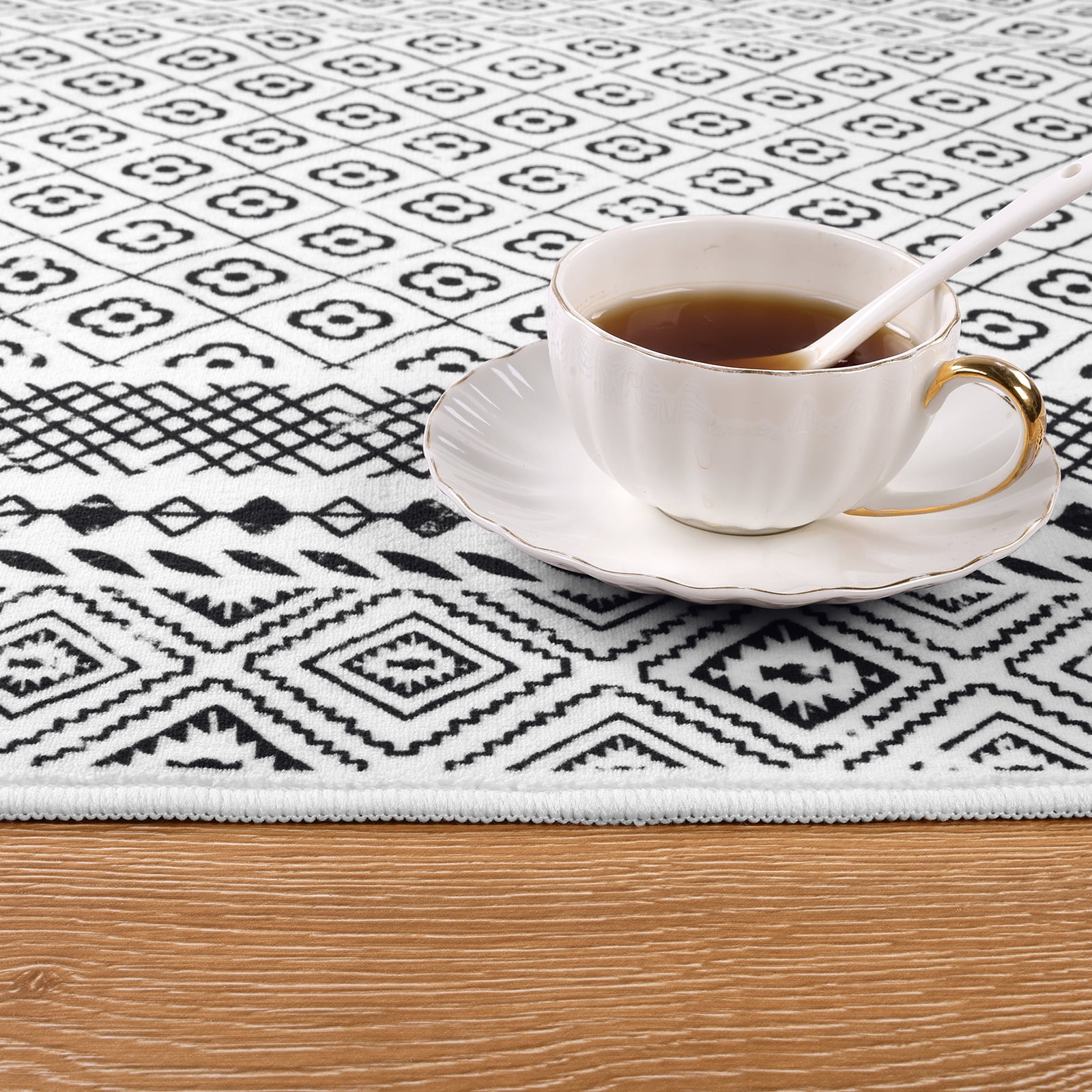 MeyJey 9'x12' Boho Floral Large Area Rug, Machine Washable Vintage Throw Rug, Non-Slip Stain Resistant Oriental Traditional Carpet for Living Room Bedroom Dining Room Office, White/Black