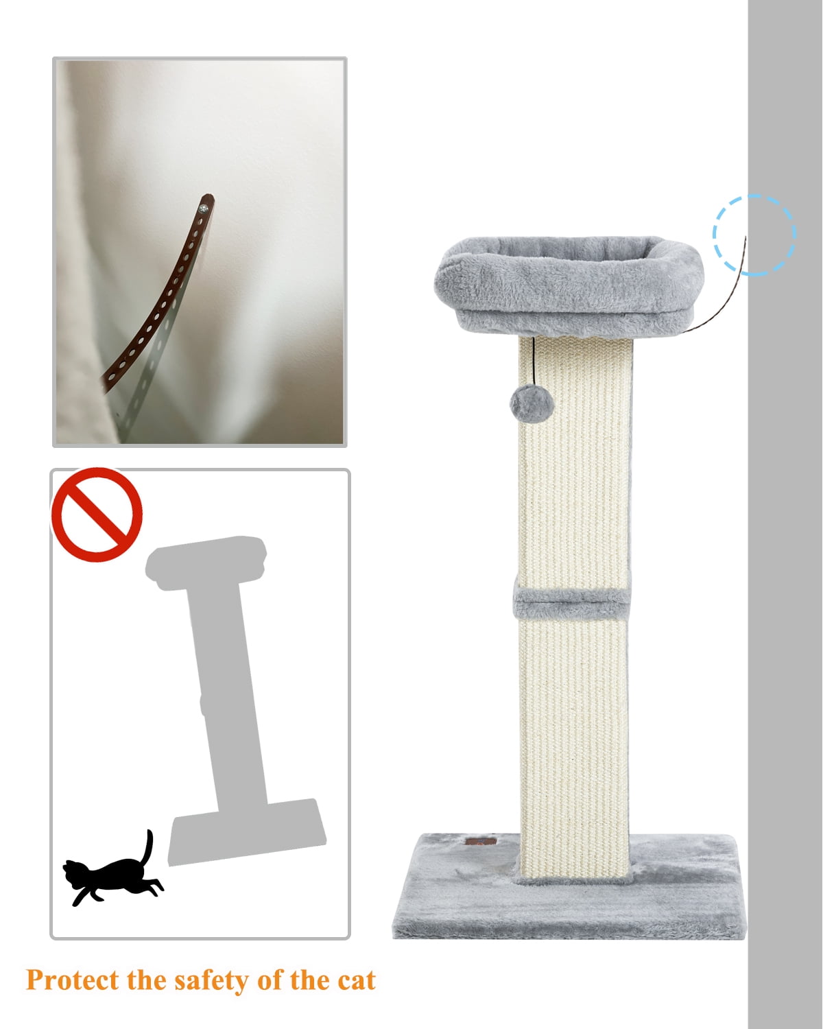 Kilodor 32" Cat Scratching Post for Indoor Cats, Sisal Cat Scratcher with Plush Perch, Large Scratch Post with Bed, Removable Cover, Sisal Fabric,Gray