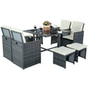 Goplus 9-Pc Cushioned Rattan Outdoor Garden Patio Furniture Set with Ottoman (Gray)