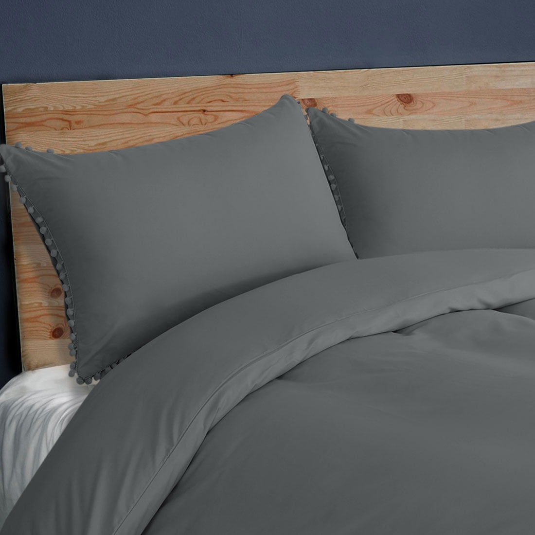 PiccoCasa Pompoms Brushed Microfiber Duvet Cover Set,3 Piece, Twin Dark Gray