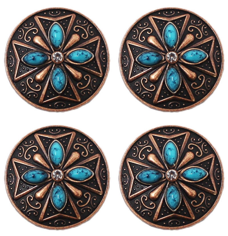 1' Set of 4 Conchos Western Saddle Tack Copper Stone Rhinestone CO529