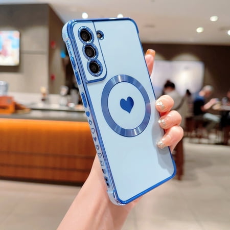 for Samsung Galaxy S21 FE (6.4 inch) Cute Love Heart Pattern Case for Women Girls Compatible with Magsafe Charging Luxury Plating Edge Soft Silicone Shockproof Slim Phone Case Blue