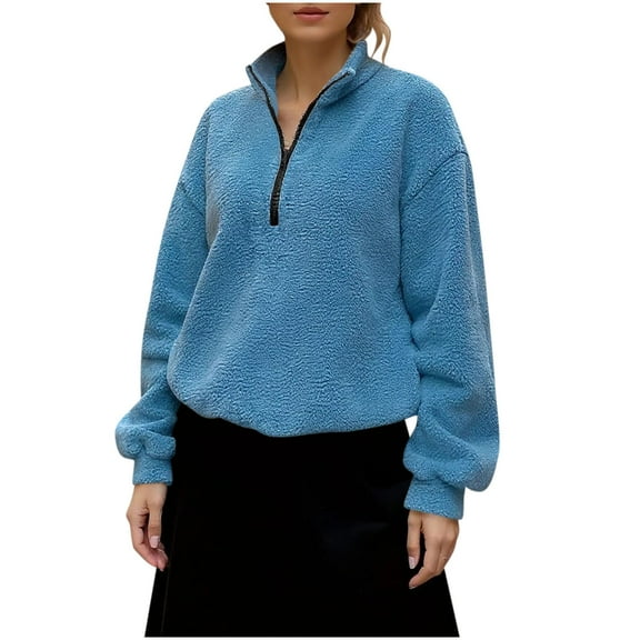 Womens Half Zip Fleece Pullover Long Sleeve Oversized Sherpa Sweatshirt Warm Zipper High Neck Fuzzy Sweater Tops (XL, Blue)