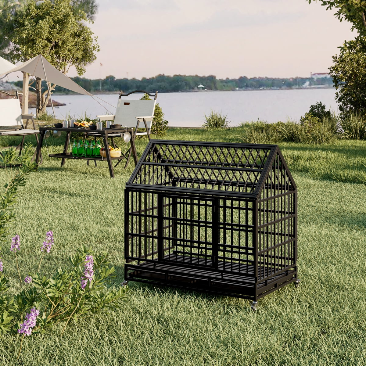 Black 48 Inch Heavy Duty Folding Dog Crate with Wheels Removable Tray