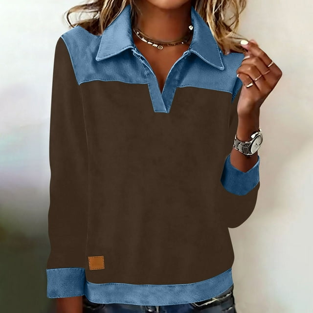 Nuoqisi Oversized Shirts for Womens Cozy Spring Summer Tops Tunic Collared Denim Polo Patchwork Pullover Long Sleeve Round Neck Sweatshirt