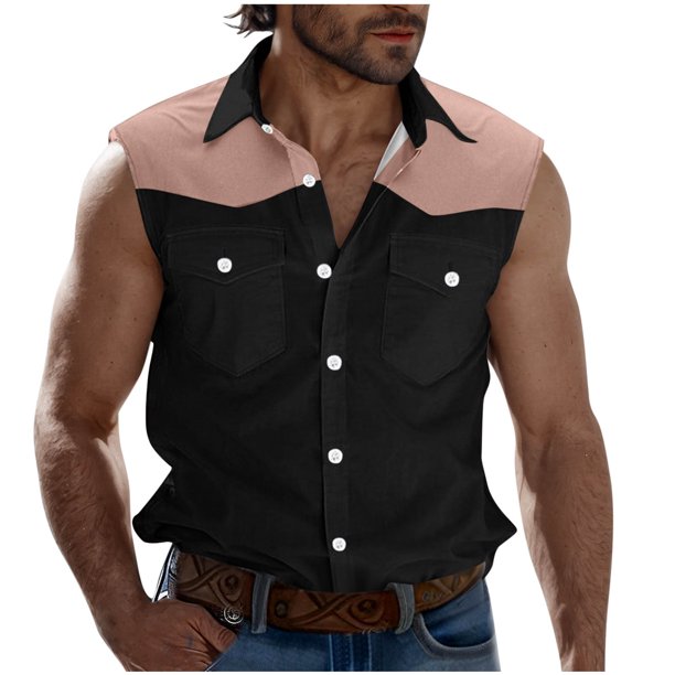 Camisas de Cuello para Hombres Moda Casual Patchwork Turndown Bolsillos sin Mangas Tanque Deportivo, Poliéster