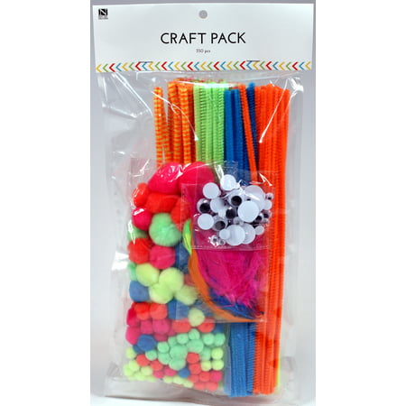 Craft Kit Value Pack - Neon Colors - 350 Pieces - Includes Pom Poms, Googly Wiggle Eyes, Feathers and Chenille Stem Pipe Cleaners, DIY School Art Projects Kids Crafts