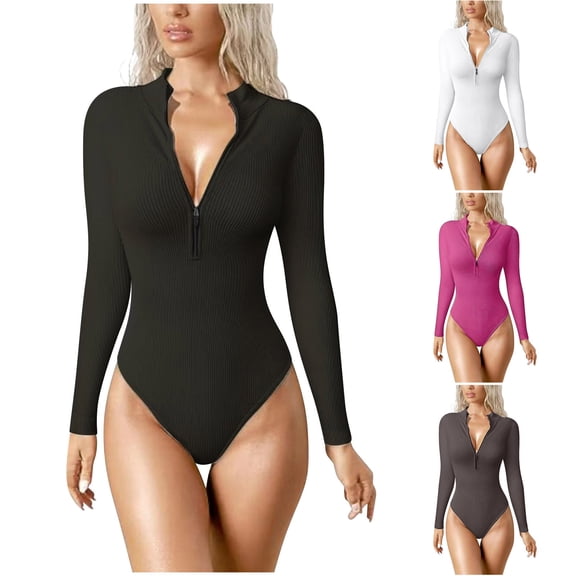 Daiosportswear Long Sleeve Bodysuit for Women Mock Turtle Neck Body Suits Zip Up Design,Shorts for Women