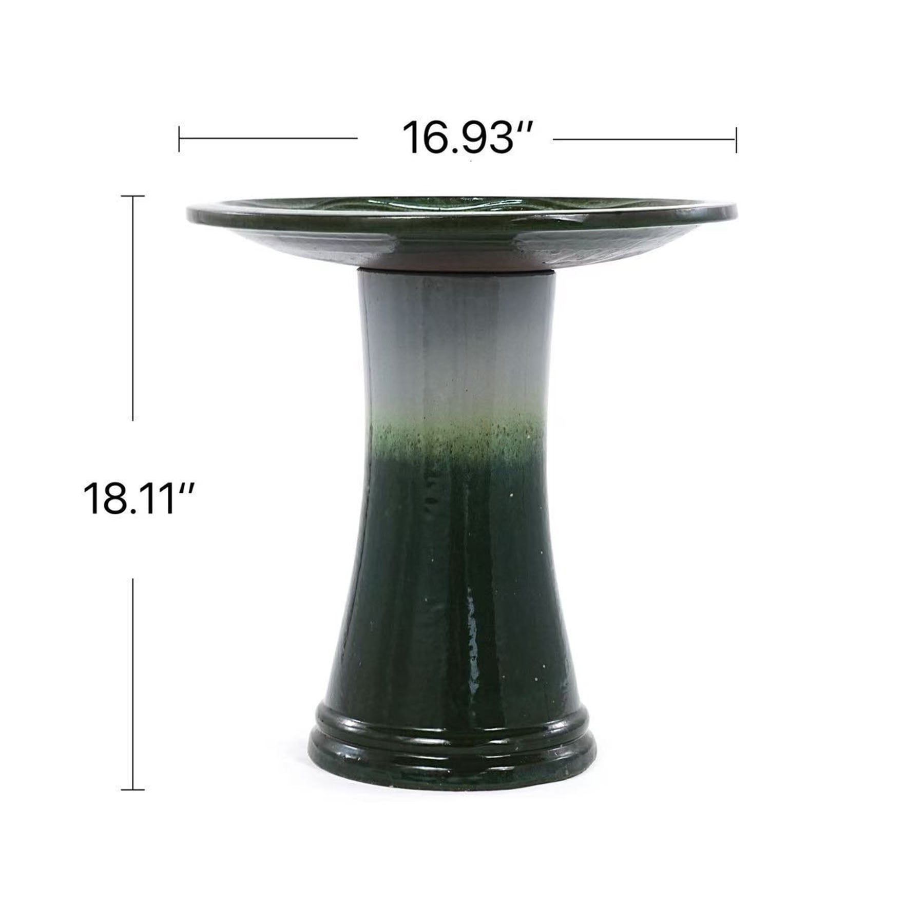 S-HOME Handcrafted 17 Inch Ceramic  Tall Outdoor Bird Bath Featuring Swirl Pattern Design For Bird Lovers, Grass Green