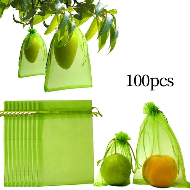 100 Uds. Bolsas de protección para frutas, bolsas de cubierta de red para frutas, bolsas de malla con cordón transpirables reutilizables para uvas, ár 13cm x 18cm