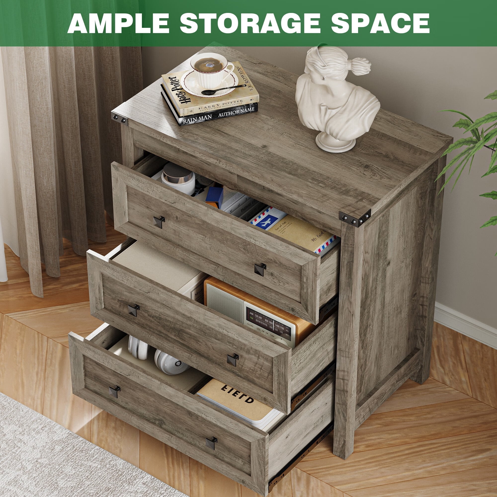 FANRAL 3 Large Drawer Nightstand,29.5" Tall Night Stand,27.5" Wide Side Table,Wood Bedside Table Modern End Table,Small Wide Dresser for Bedroom,Gray Nightstand
