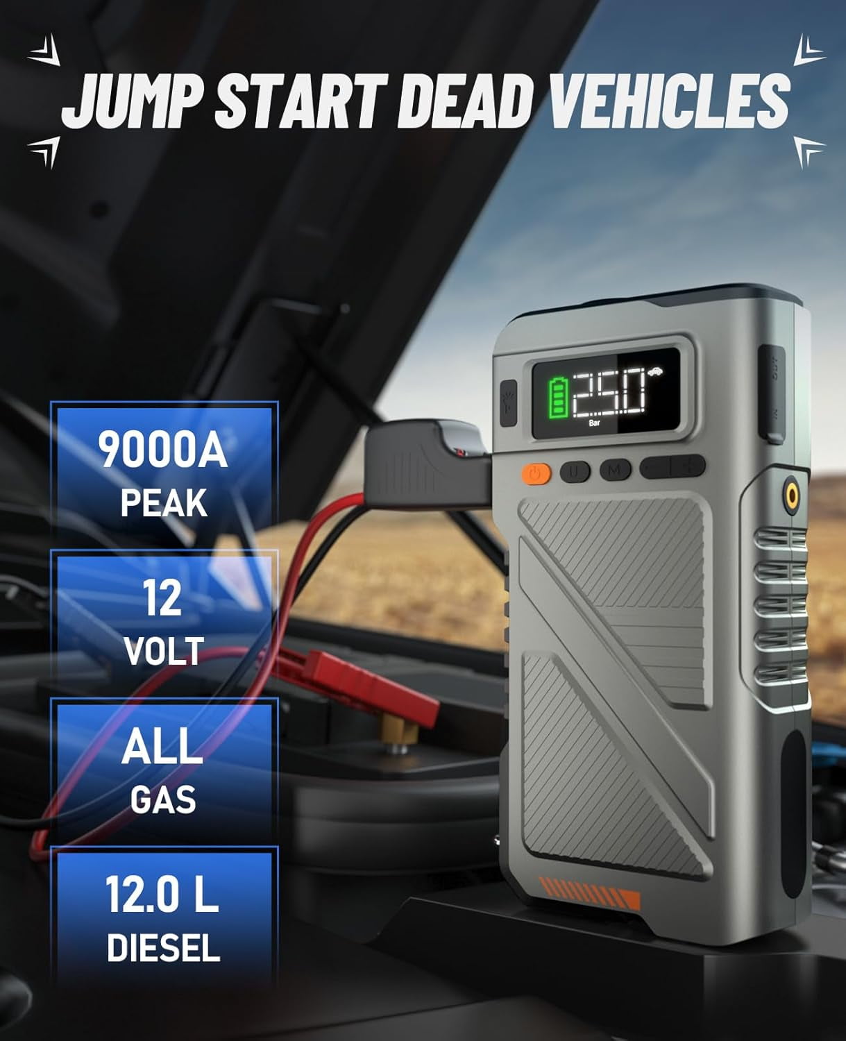 Pabulum 9000A Car Battery Jump Starter (for All Gas or up to 12L Diesel) Powerful Jumper Box with 150PSI Air Compressor and Smart Charger, 12V Vehicle Power Pack with Extended Cable and LED Light