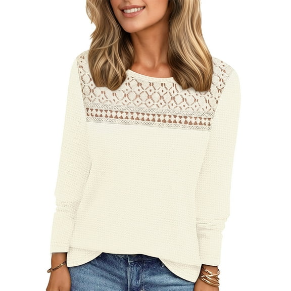 UVN Blouses for Women Fall Long Sleeve Crewneck Dressy Shirts Casual Waffle Knit Hollow Out Tunic Tops