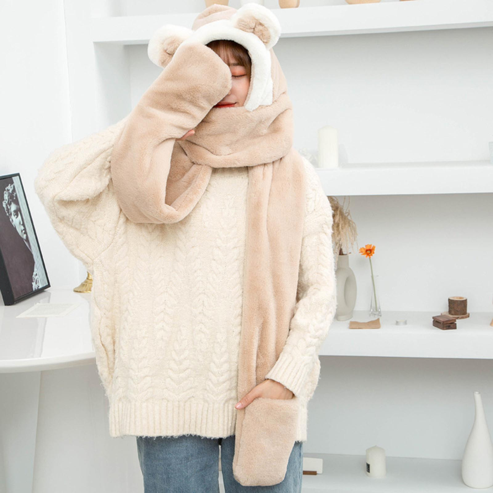 Animal Hats for Adults Girls Kawaii Cute, Warm Hats for Women, 3in1