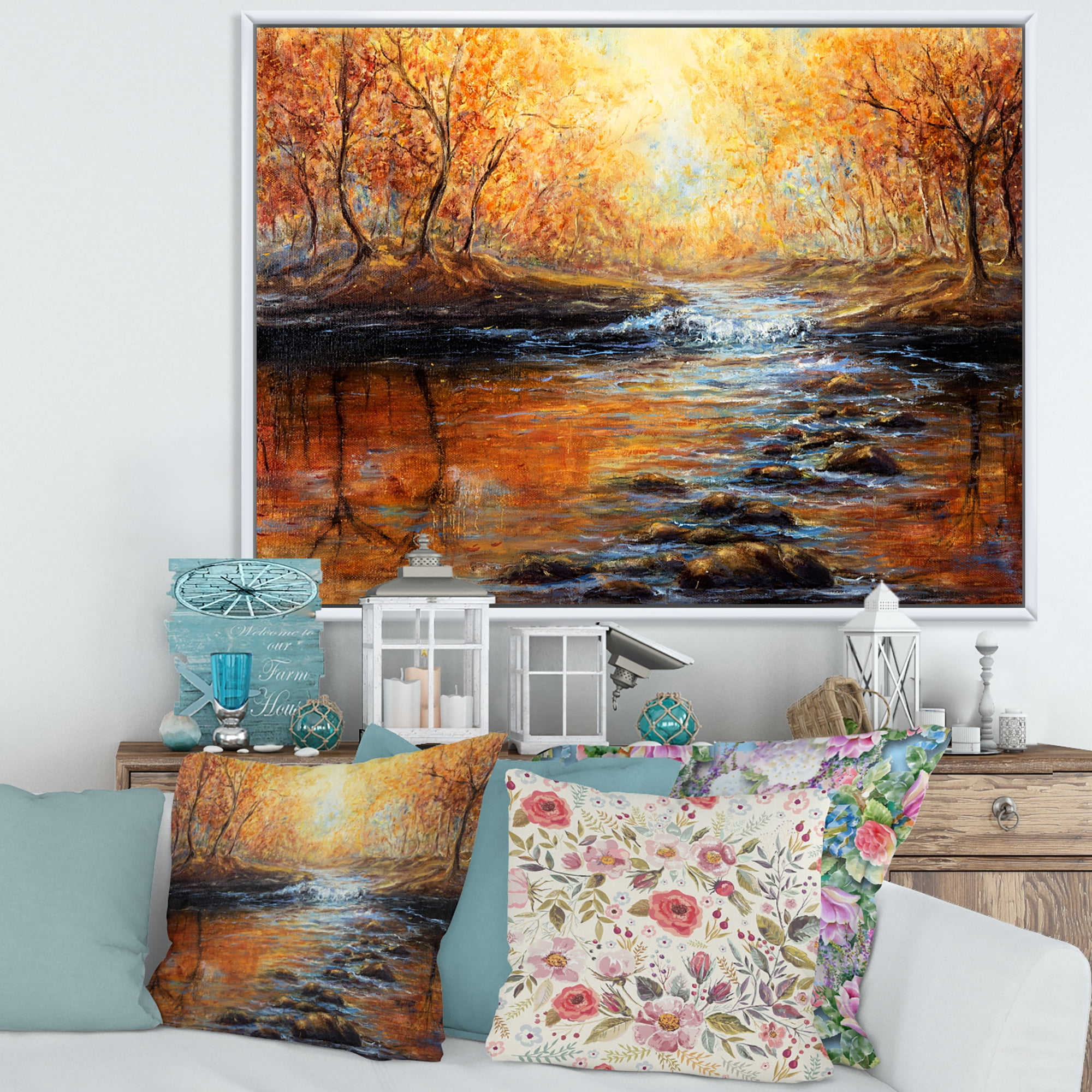 Designart 'Sunrise Glow In The Autumn Forest' Lake House Framed Canvas Wall Art Print