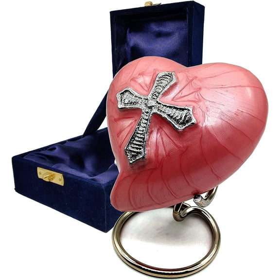 Heart Cremation Urn for Human Ashes Adult | Funeral Decorative Religious Cross Urns for Women and Men Carefully Handcrafted Keepsake Cremation Heart Shaped Urn Comes with Stand & Gift Box (Pink)