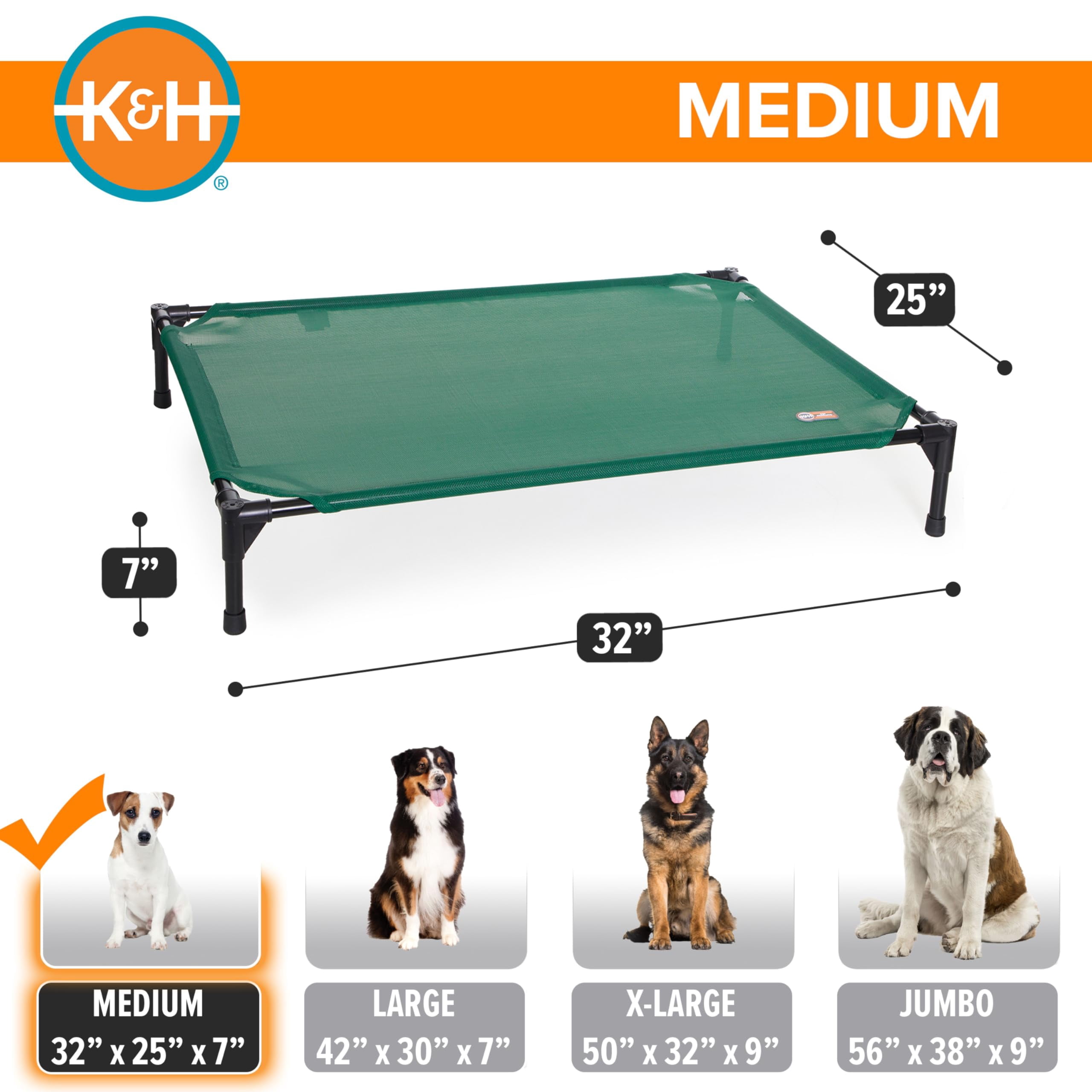 K&h Outdoor Elevated Dog Bed - Raised For Small & Medium Pets  Breathable Mesh Hammock Design Indoor/outdoor Washable Cover Portable Metal Frame Green 32x25in