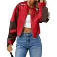 thumbnail image 3 of Womens Faux Leather Bomber Jackets Cropped Zip Up Color Block Fall Casual Moto Biker Coats, 3 of 6