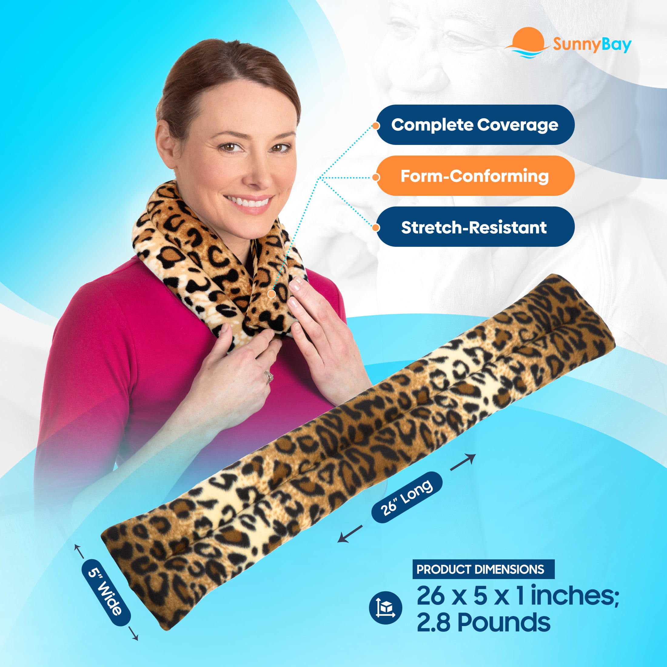 Microwavable Neck Heating Wrap, Wheat Filled, 26"x5", Leopard Skin Print