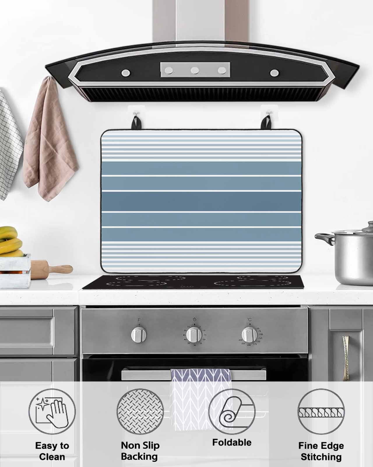 nqOlkjepod Large Induction Cooktop Protector Mat 24"x21", Blue Ombre Stripe Stove Top Covers for Electric Stove, Farmhouse Striped Gradient Decorative Stove Burner Cover Mats, Glass Top Stove Cover
