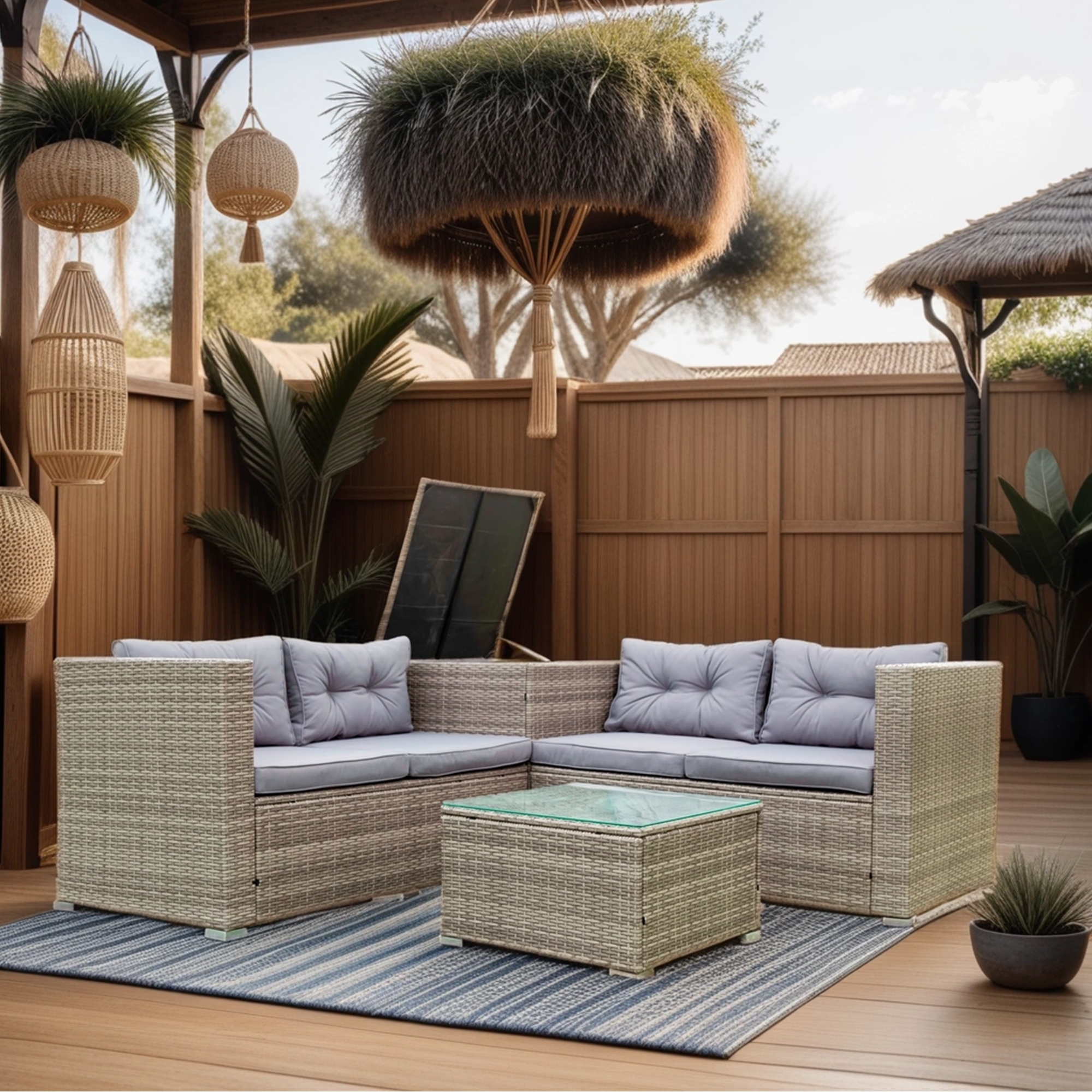 Outdoor Patio Conversation Set,4 Piece Patio Sectional Wicker Rattan Outdoor Furniture Sofa Set with Storage Box Grey