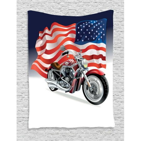 manly decor wall hanging tapestry, motorbike and us flag sporty auto