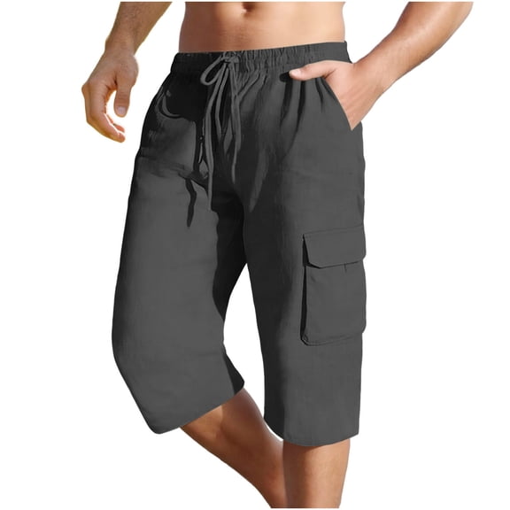 yillto Mens Cotton Linen Capris Summer Cargo Pant Cropped Loose Lightweight Casual Capri Pants with Pockets