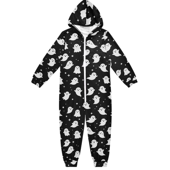 Cute Ghost Boys & Girls Hooded One-Piece Pajamas Warm Crystal velvet Hooded Long Sleeve Loungewear Jumpsuit Unisex