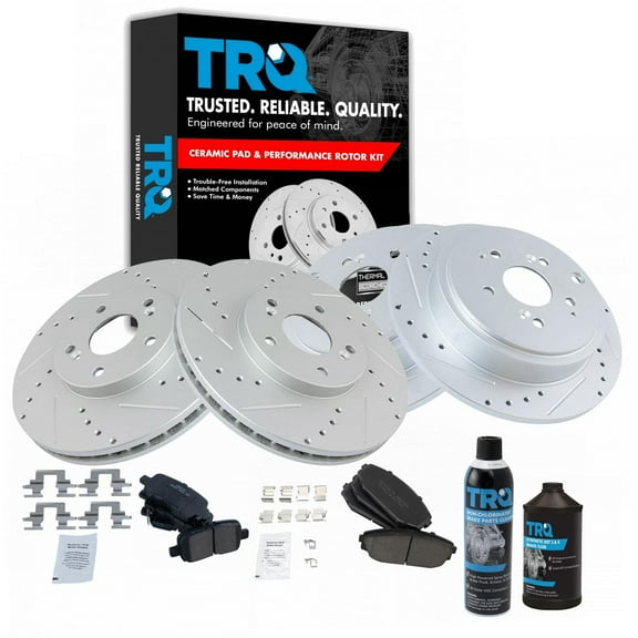 TRQ Front & Rear Ceramic Brake Pad & Performance Rotor Kit w/Chemicals BKA17385