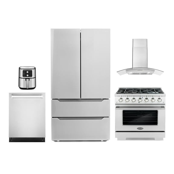 5 Piece Kitchen Package with 36" Freestanding Gas Range 36" Wall Mount Range Hood 24" Built-in Fully Integrated Dishwasher French Door Refrigerator & 5.5L Electric Hot Air Fryer