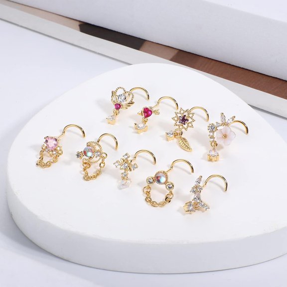 9 Pcs 20G Dangle Nose Rings Studs for Women Stainless Steel L Shaped Nose Studs Heart Arrow Feather Snowflake Wing CZ Dangling Nose Piercing Jewelry S-Gold Tone